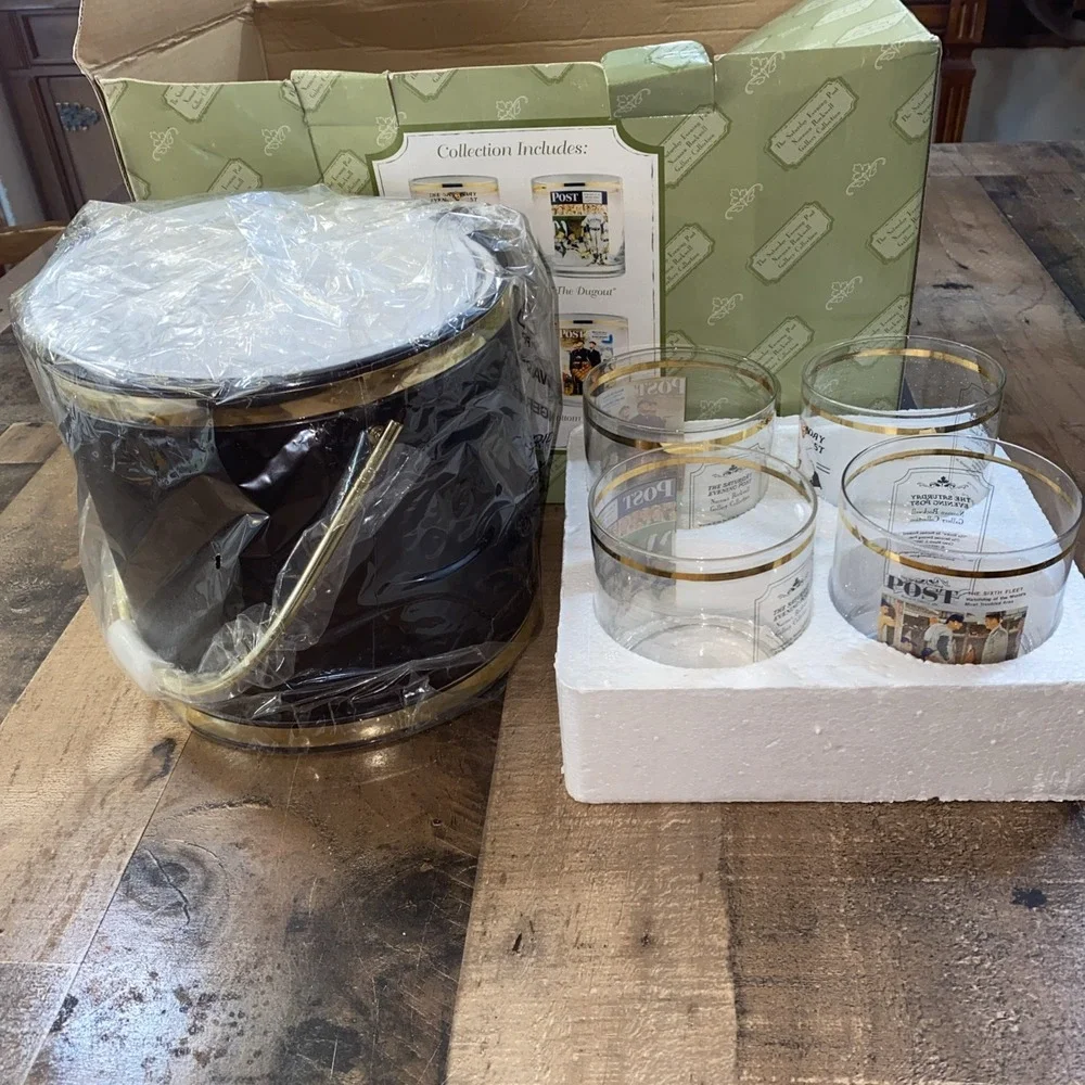 Vintage Ice Bucket Saturday evening post collectible 4 Whiskey glasses Baseball